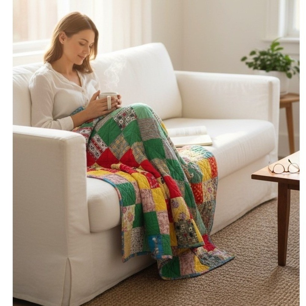 Handmade‎ Patchwork Quilt 53x48" Colorful Vintage Fabric Mix Cozy Lap Throw